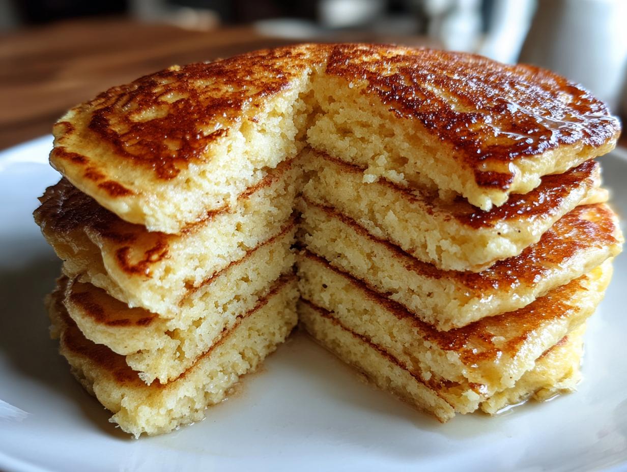 A tall stack of fluffy almond flour pancakes, cut vertically to show the texture, drizzled with syrup.