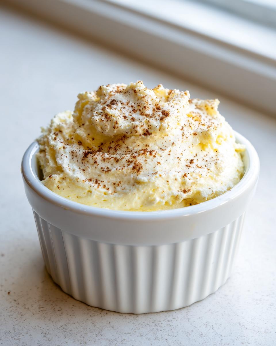 A close-up of fluffy, whipped cinnamon butter, lightly dusted with cinnamon, served in a white ribbed ramekin.