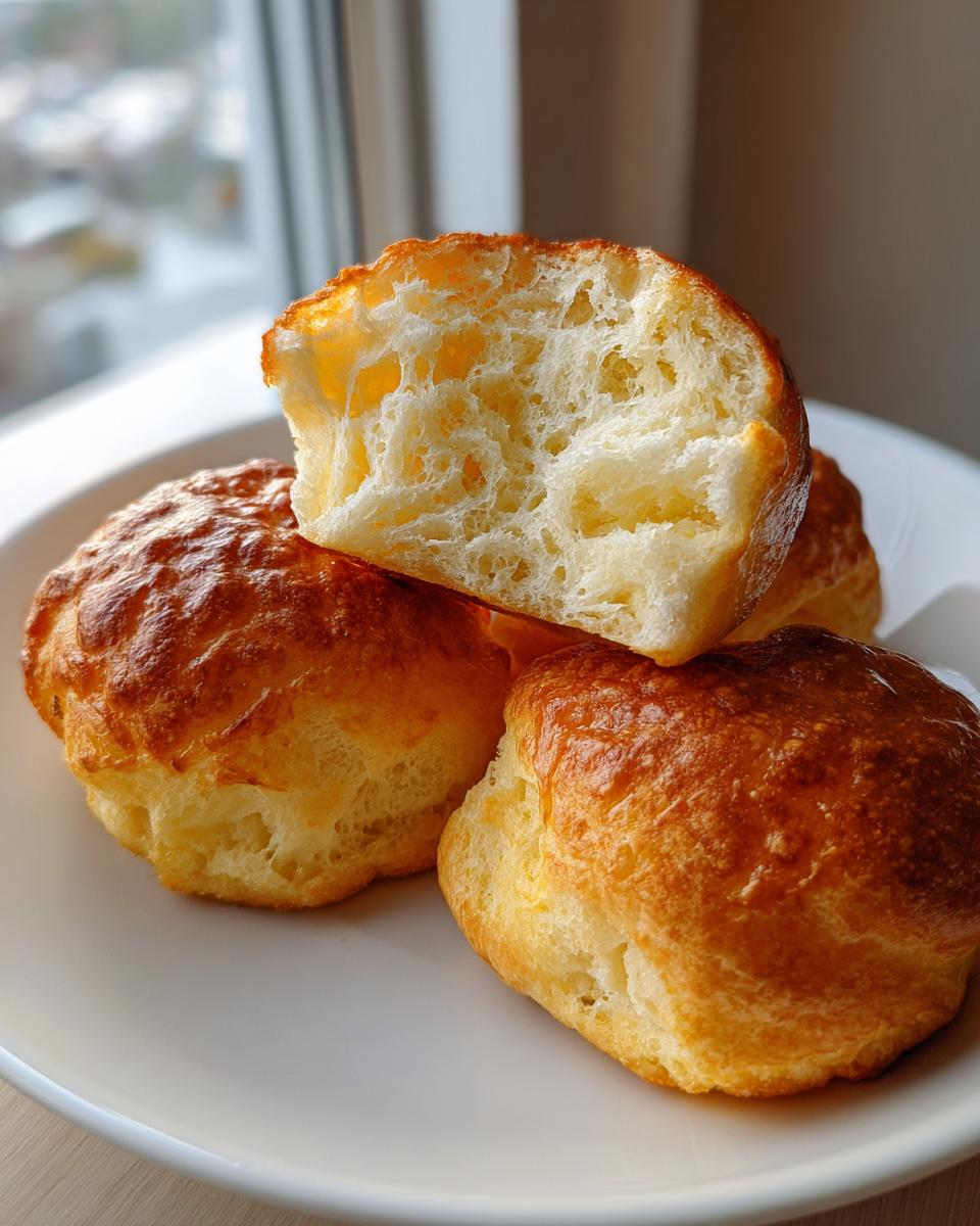 Close-up of golden brown cloud bread buns, one cut open to show the airy, fluffy interior texture.