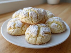 A stack of soft, crinkled cool whip cookies generously dusted with powdered sugar on a white plate.