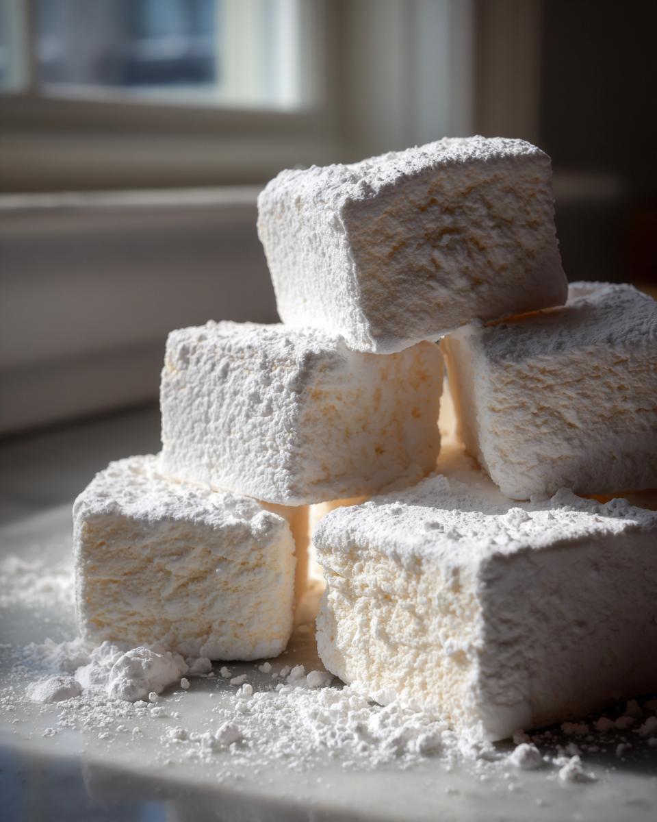 A stack of thick, square homemade marshmallows heavily dusted with white powdered sugar.