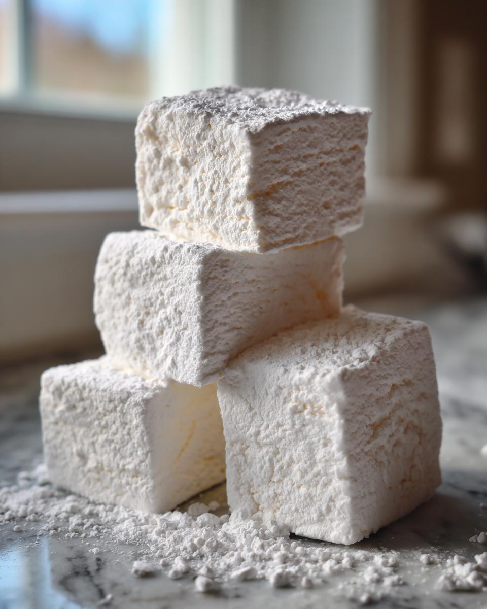 A stack of four large, fluffy homemade marshmallows dusted heavily with powdered sugar on a marble surface.