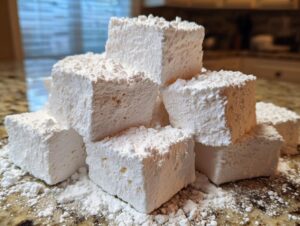 A stack of large, square homemade marshmallows dusted heavily with powdered sugar on a granite countertop.