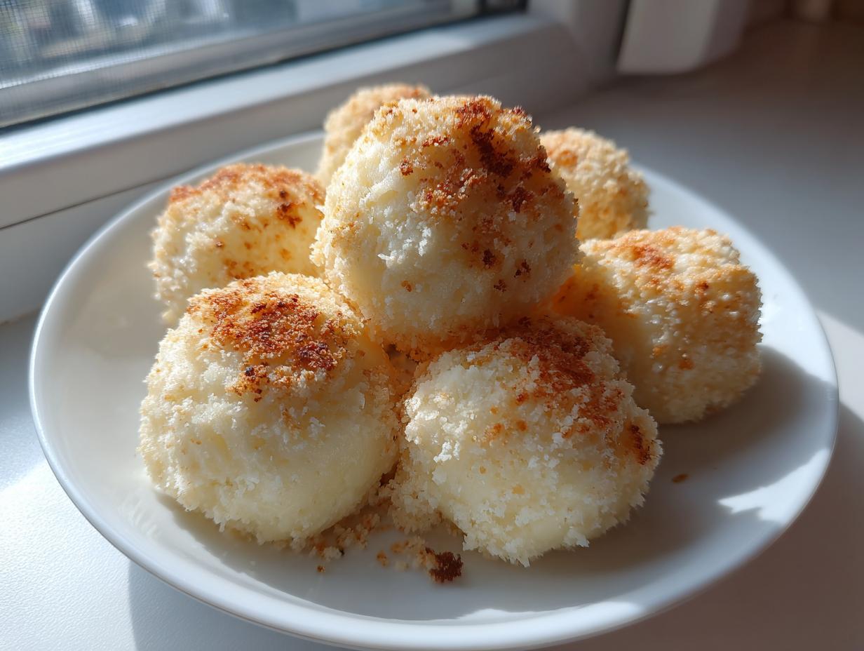 A plate of freshly made, fluffy potato dumplings coated in toasted breadcrumbs, ready to serve.