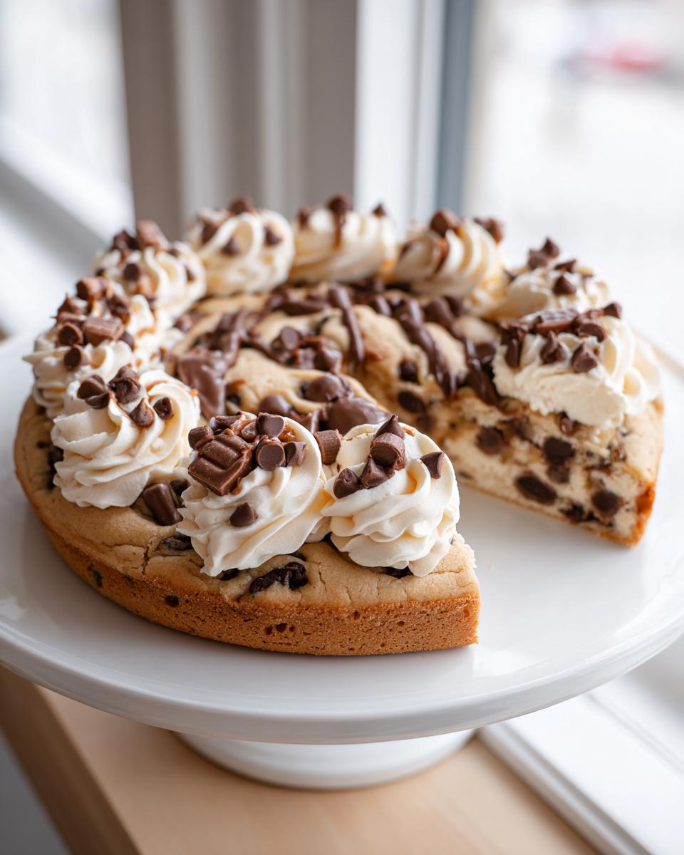 A thick, round cookie cake recipe slice removed, topped with swirls of whipped cream and chocolate chips.