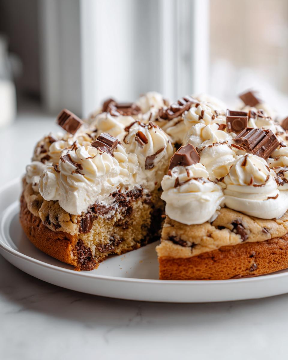 A slice removed from a thick, decadent chocolate chip cookie cake recipe topped with whipped cream and chocolate chunks.