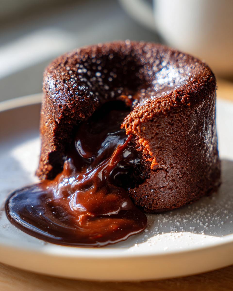 Close-up of a rich chocolate lava cake with the molten center oozing out onto a white plate.