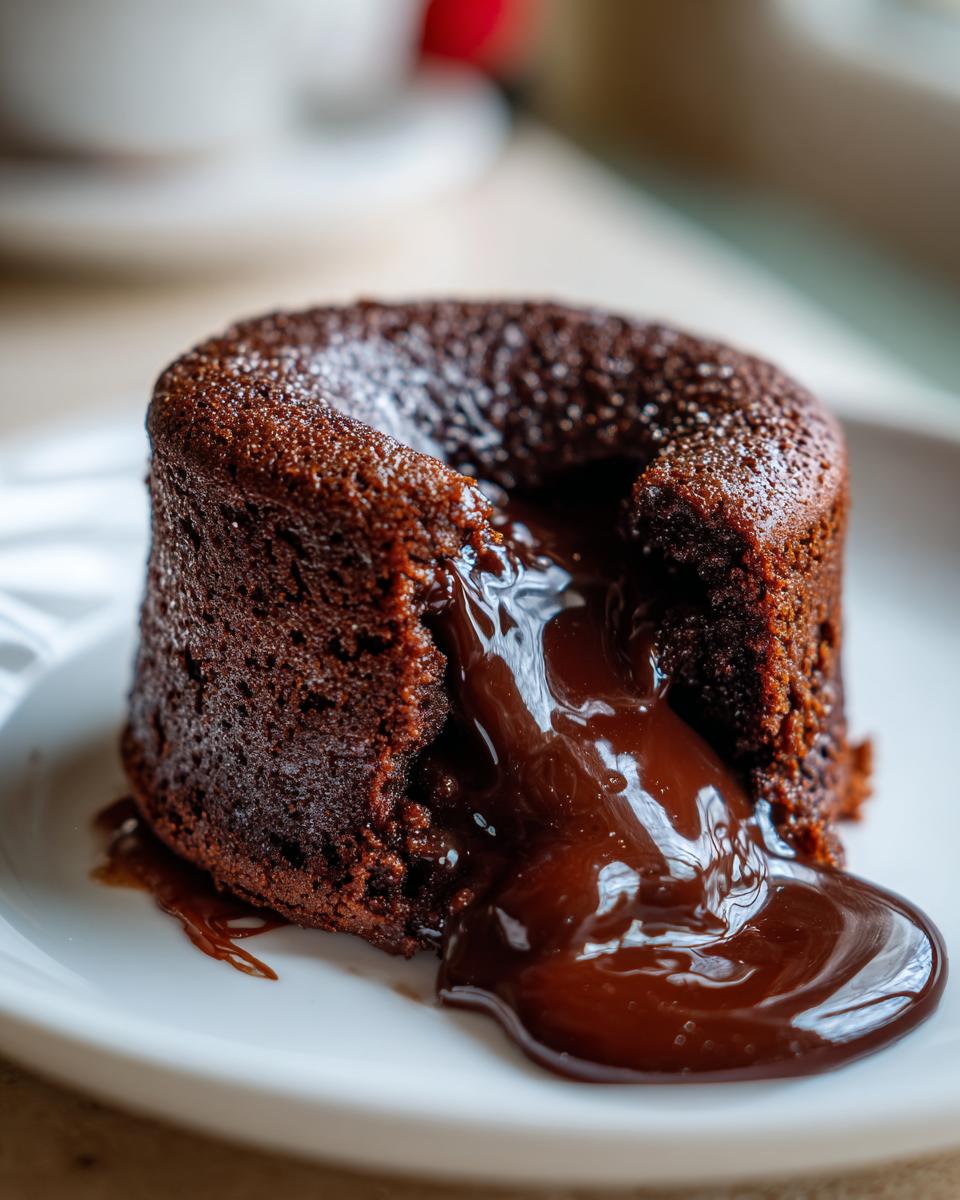Close-up of a warm chocolate lava cake with molten chocolate oozing out onto a white plate.
