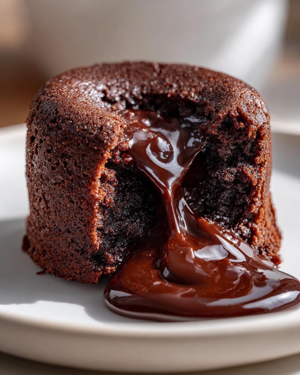 Close-up of a warm chocolate lava cake with molten center oozing out onto a white plate.