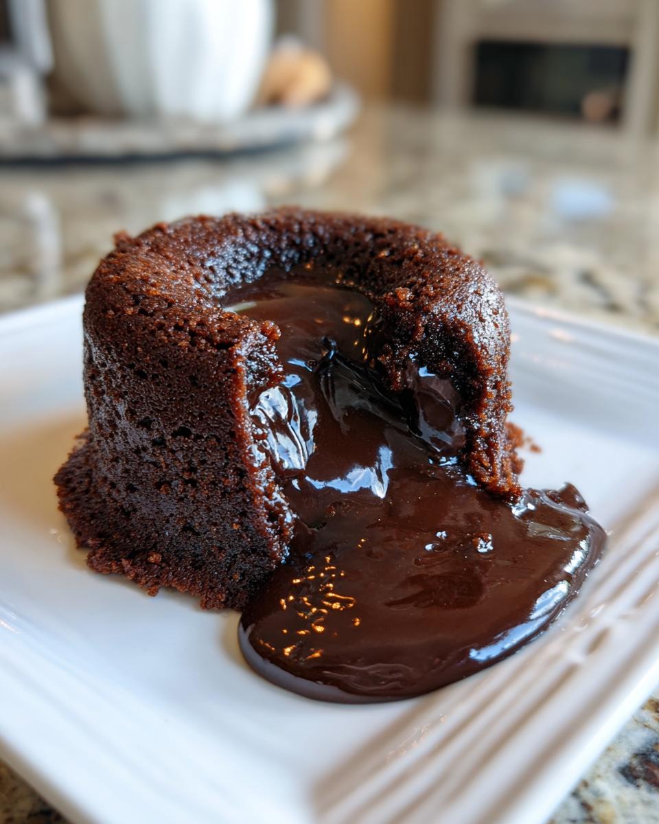 Close-up of a warm chocolate lava cake with molten chocolate oozing onto a white plate.
