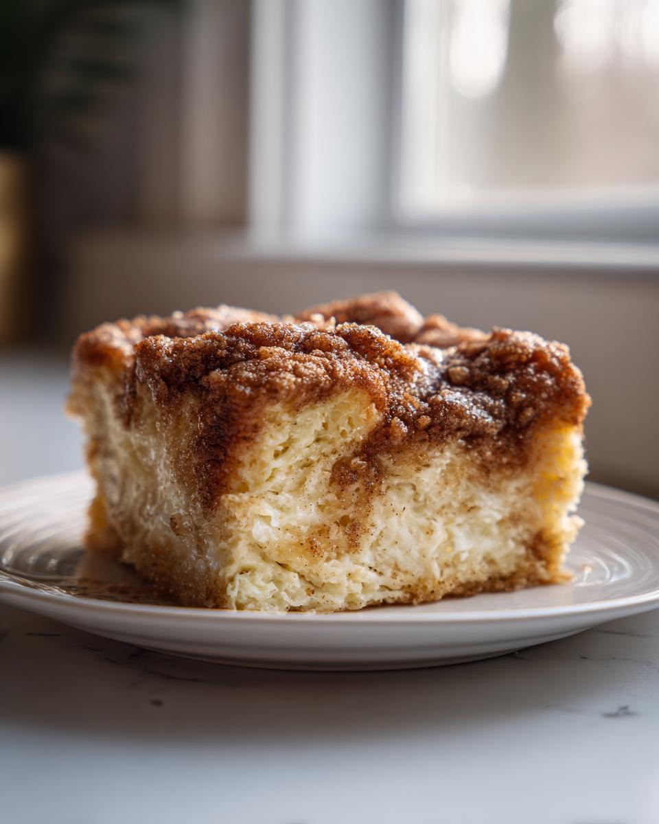 A close-up of a square slice of fluffy french toast casserole topped with thick cinnamon streusel.