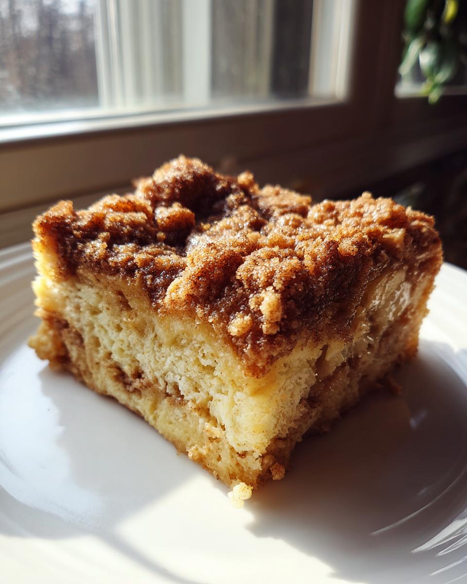 Close-up of a square slice of french toast casserole with a thick, sugary cinnamon streusel topping, served on a white plate.