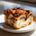 A close-up of a square serving of french toast casserole topped with rich, dark brown cinnamon streusel.