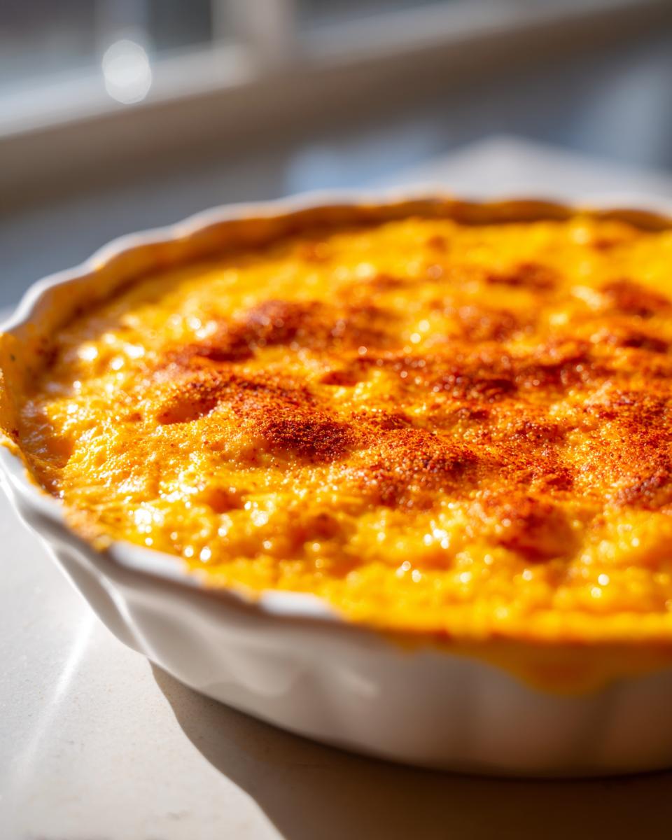 Close-up of a bubbling, bright orange beer cheese dip topped with paprika in a white ceramic dish.