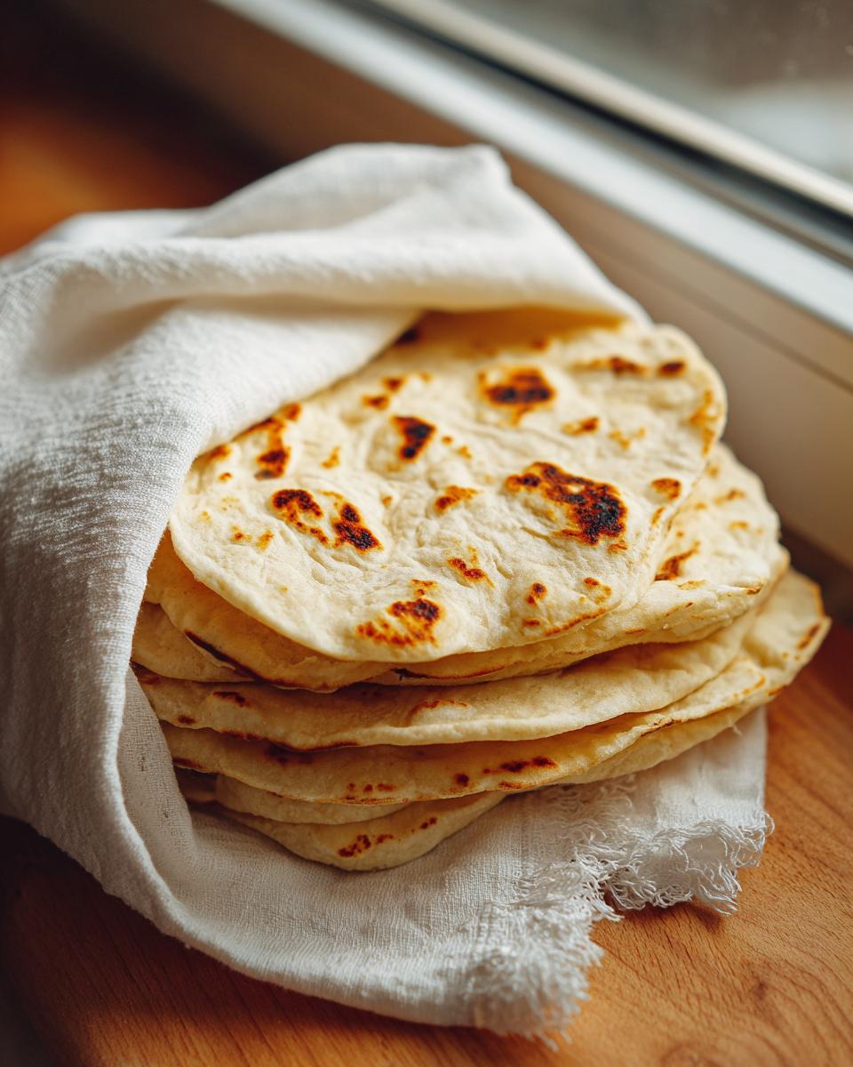 A stack of freshly made corn tortillas, lightly charred, wrapped in a white cloth near a window.