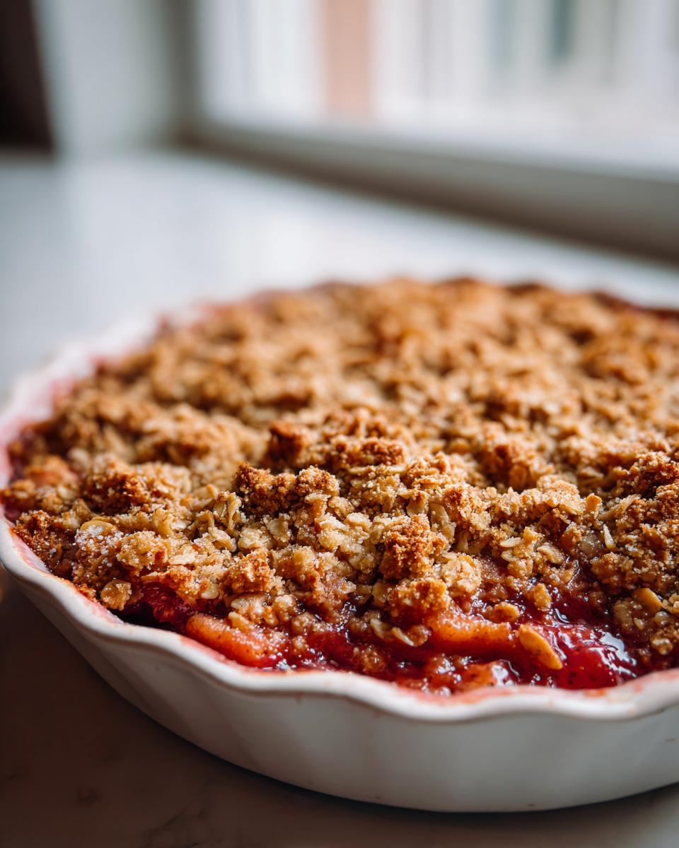 Close-up of a golden brown, crunchy topping on a bubbling rhubarb crisp baked in a white ceramic dish.