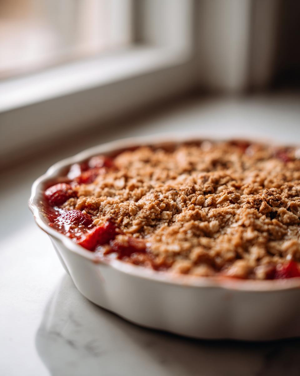 Close-up of a freshly baked rhubarb crisp with a golden oat topping in a white scalloped baking dish.