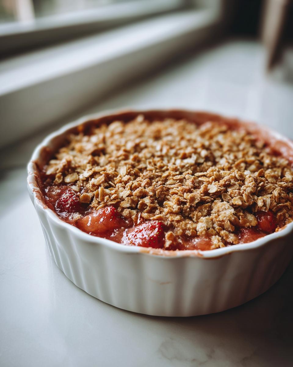 Close-up of a bubbling rhubarb crisp with a golden oat topping served in a white fluted ramekin.