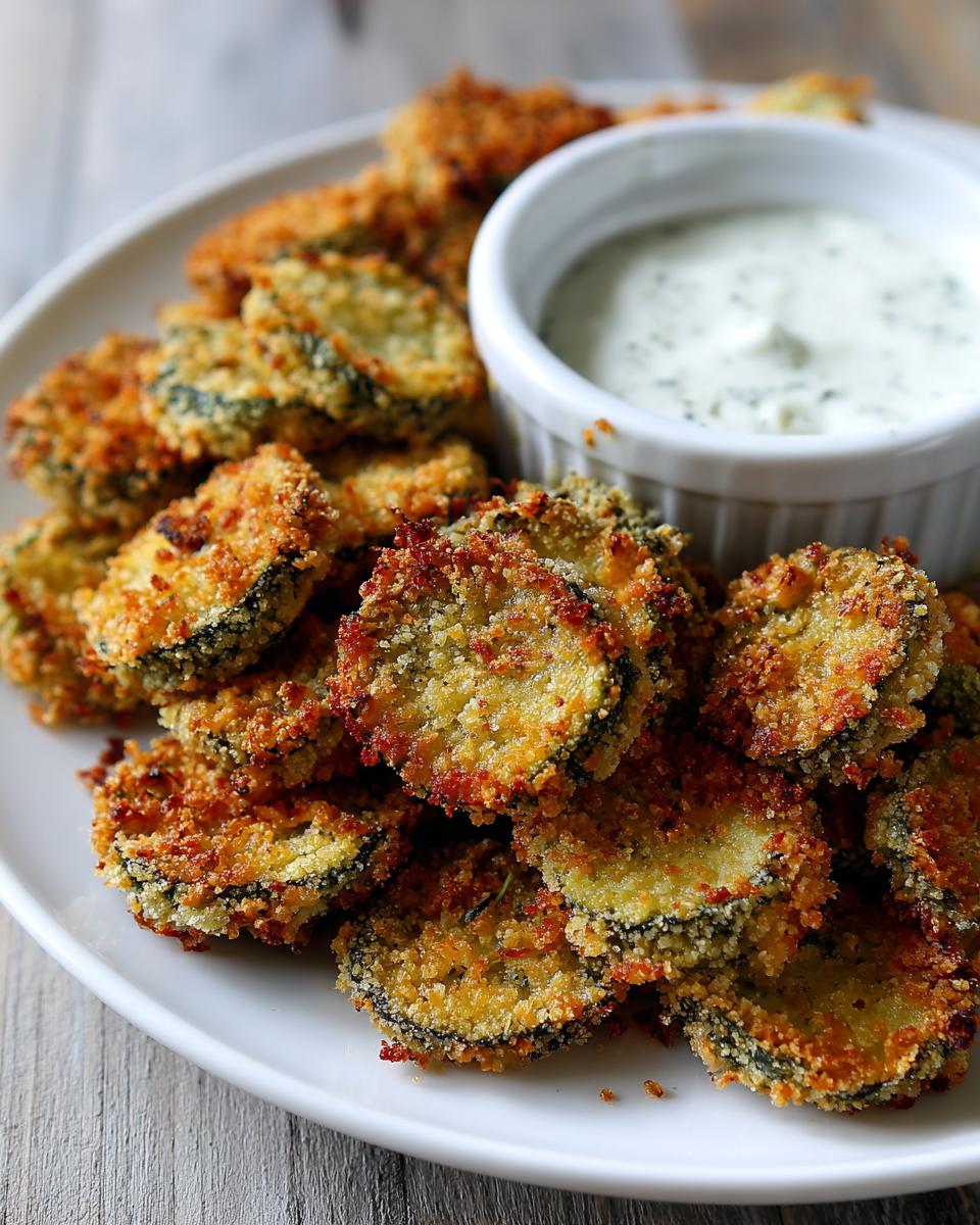 A plate piled high with crispy, golden brown Fried Pickles next to a small white bowl of ranch dipping sauce.