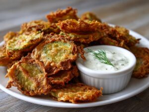 A plate piled high with crispy, golden brown fried pickles served next to a small white bowl of ranch dipping sauce.