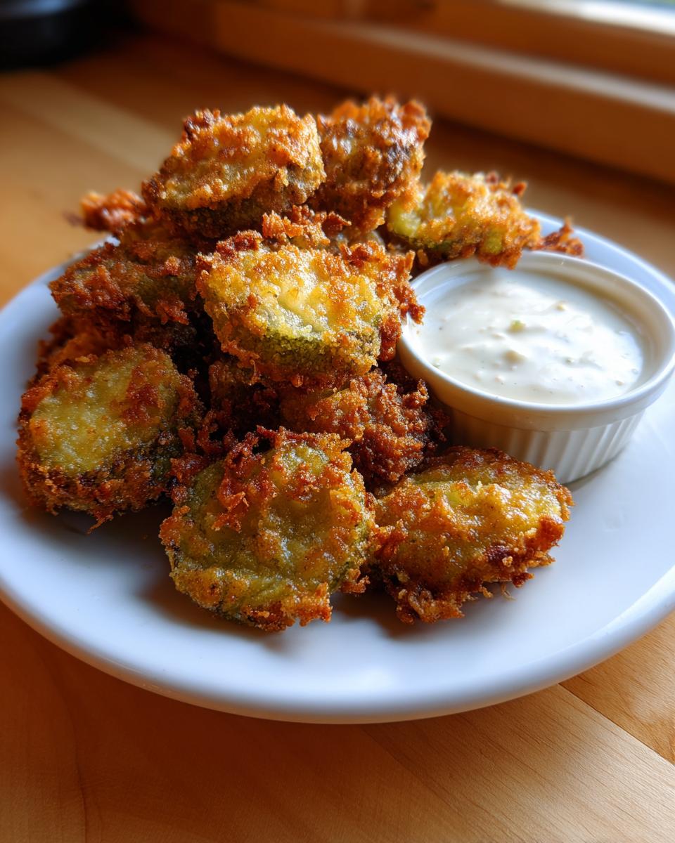 A pile of crispy, golden brown Fried Pickles served on a white plate next to a small ramekin of ranch dipping sauce.