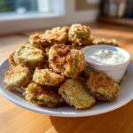 A pile of crispy, golden brown Fried Pickles served on a white plate next to a small bowl of ranch dipping sauce.