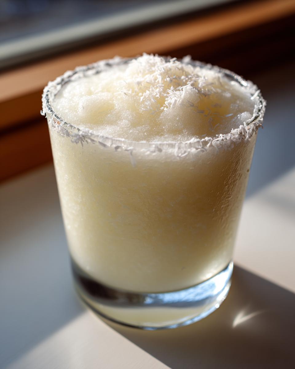 A close-up of a frozen white Christmas margarita in a glass with a shredded coconut rim.