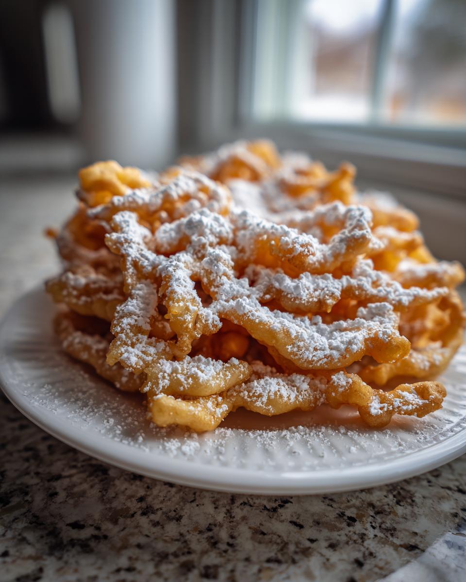 Close-up of a golden brown funnel cake recipe creation heavily dusted with powdered sugar on a white plate.