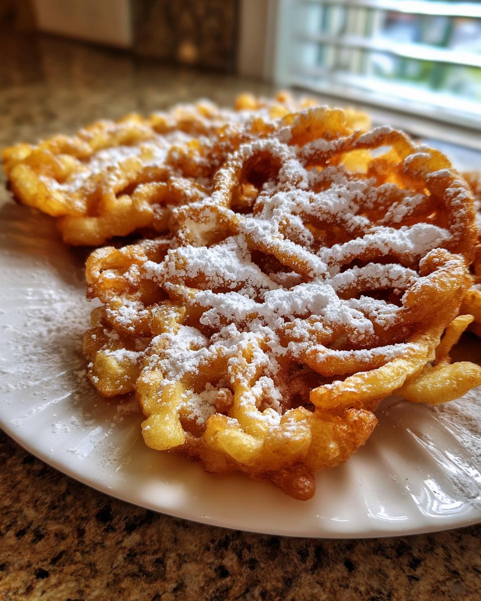 Close-up of two golden brown funnel cake recipe servings dusted heavily with white powdered sugar on a white plate.