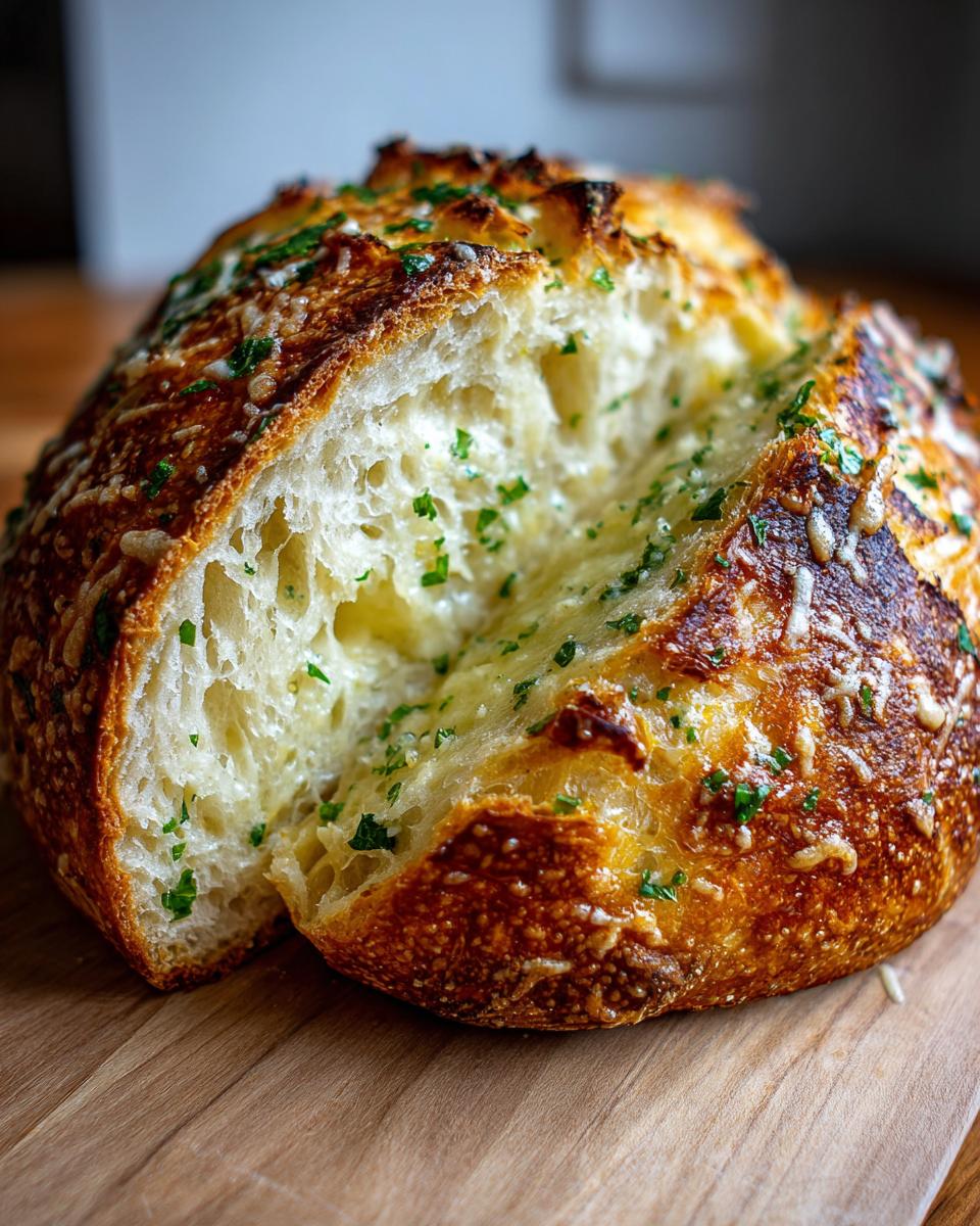 A close-up of a freshly baked artisan bread, sliced open to show a cheesy garlic butter filling and topped with parsley.