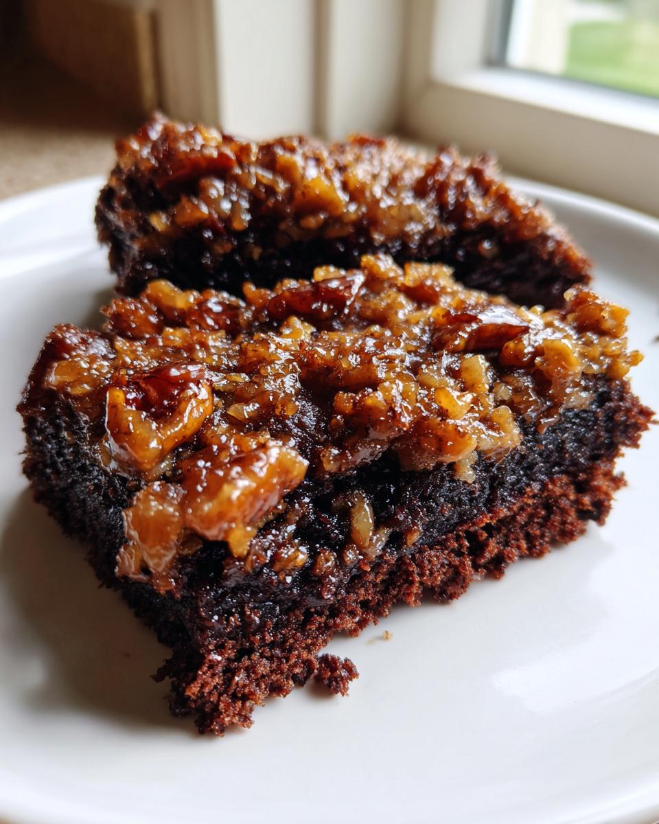 Two rich, dark chocolate brownie squares topped with gooey pecan coconut frosting, characteristic of German chocolate flavor.