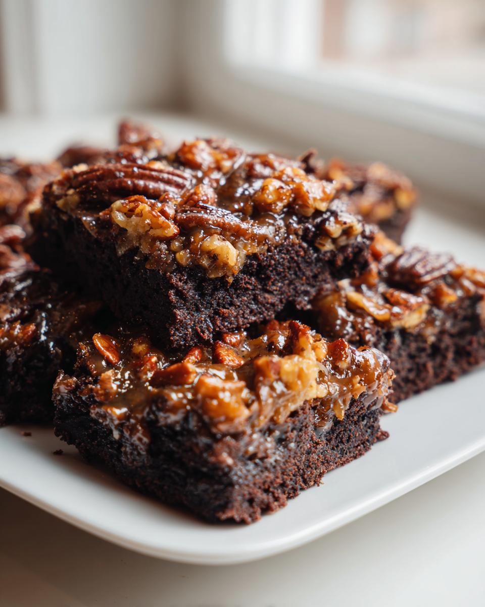 Close-up of fudgy German chocolate brownies topped with a gooey pecan caramel frosting.