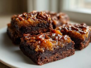 Close-up of rich, fudgy German chocolate brownies topped with a thick, gooey pecan coconut frosting.