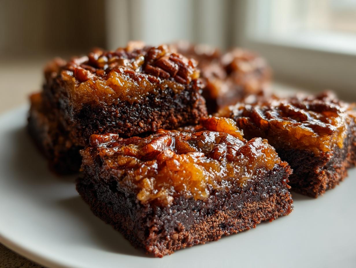 Close-up of rich, fudgy German chocolate brownies topped with a thick, gooey pecan coconut frosting.