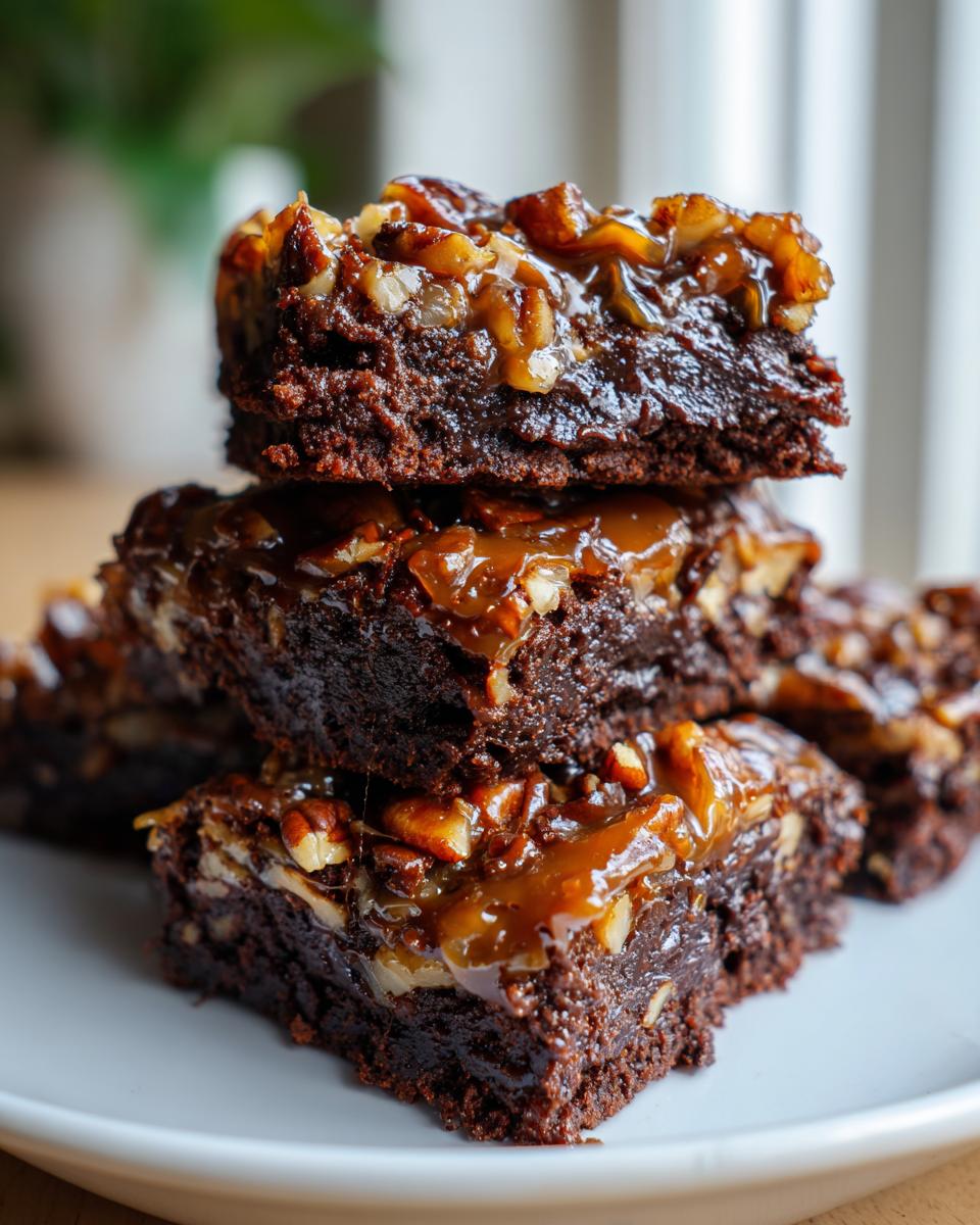 A stack of three fudgy German Chocolate Brownies topped with gooey caramel and pecans on a white plate.
