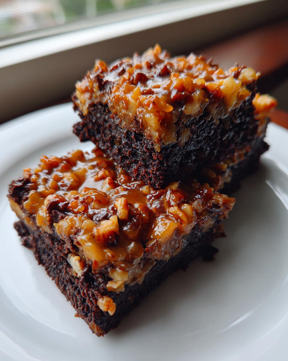 Two decadent German chocolate brownies stacked on a white plate, featuring a thick, gooey coconut pecan topping.