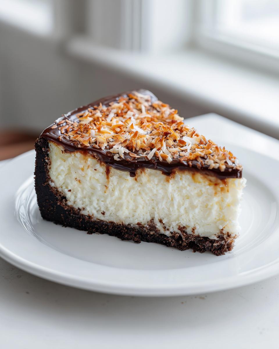 A decadent slice of german chocolate cheesecake with a thick coconut filling, chocolate drizzle, and toasted coconut flakes.