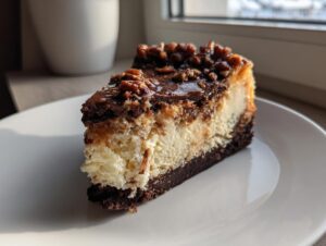A rich slice of german chocolate cheesecake featuring a dark crust, creamy filling, and a glossy pecan topping.