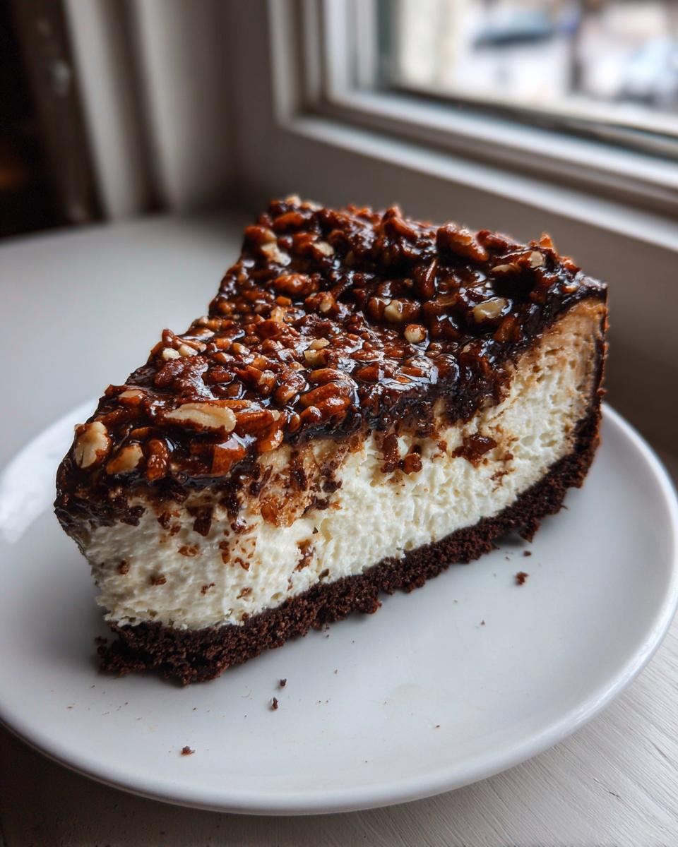 A decadent slice of german chocolate cheesecake featuring a dark crust, creamy filling, and a pecan-caramel topping.