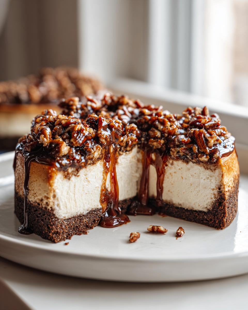 A decadent slice of german chocolate cheesecake showing creamy filling, dark crust, and rich pecan caramel topping dripping down the sides.