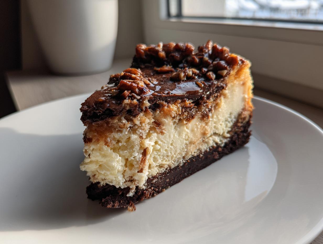A rich slice of german chocolate cheesecake featuring a dark crust, creamy filling, and a glossy pecan topping.