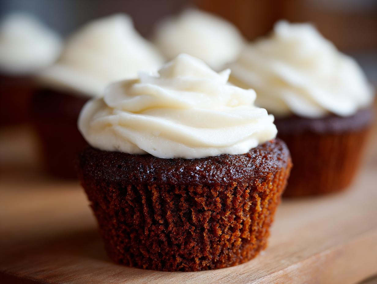 A close-up of a rich, dark gingerbread cupcakes topped with thick white cream cheese frosting.