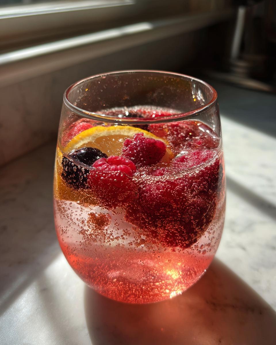 Close-up of a glass filled with fizzy pink champagne punch, mixed berries, and a lemon slice.
