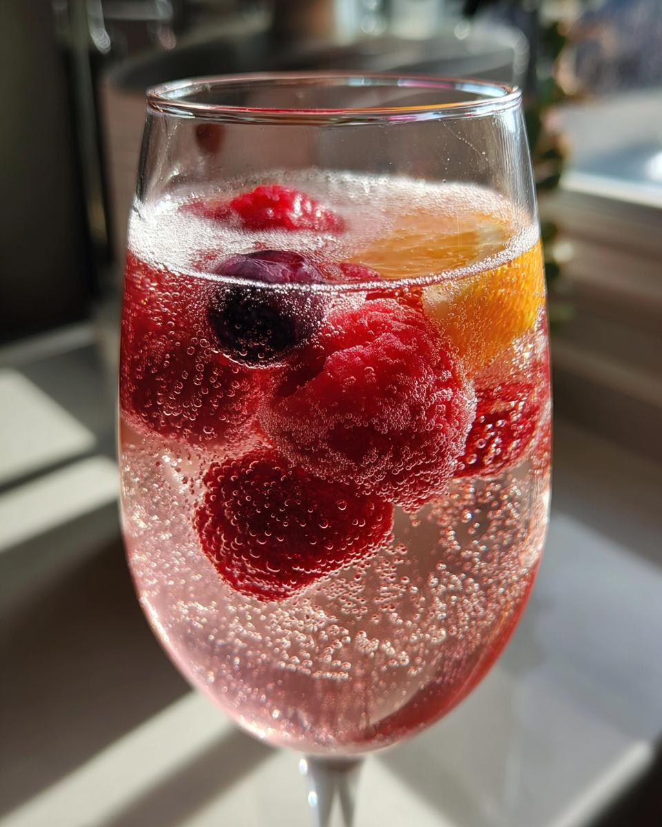 Close-up of a glass filled with sparkling champagne punch, featuring floating raspberries, a blueberry, and an orange slice.