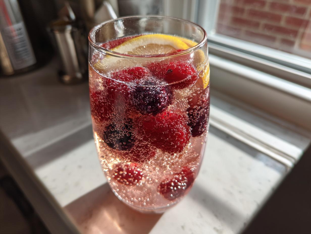 Close-up of a glass filled with bubbly champagne punch, mixed berries, and a lemon slice.