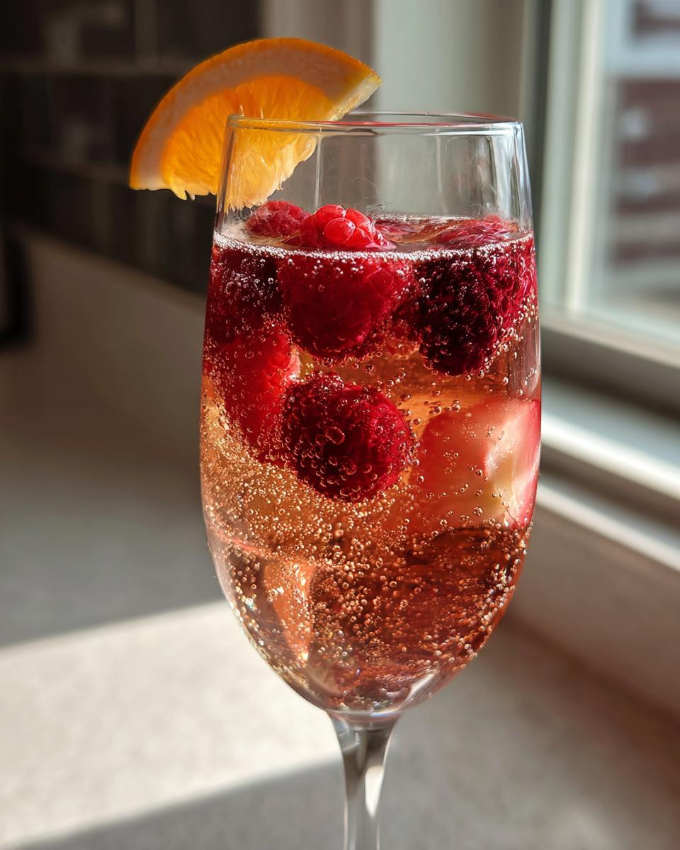 Close-up of a glass filled with sparkling champagne punch, raspberries, and an orange slice garnish.