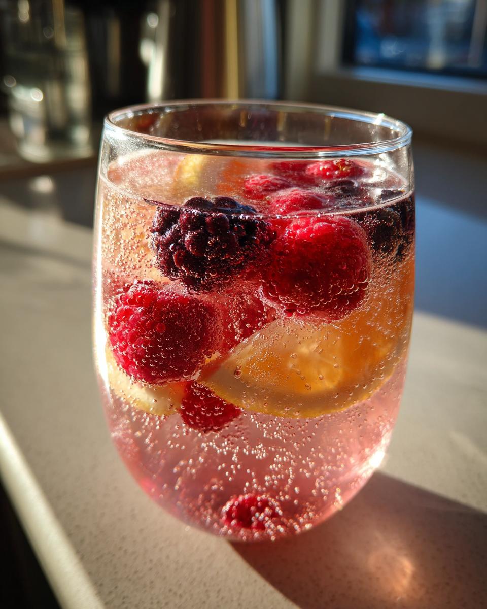 Close-up of a sparkling pink champagne punch in a glass, garnished with fresh raspberries, blackberries, and lemon slices.