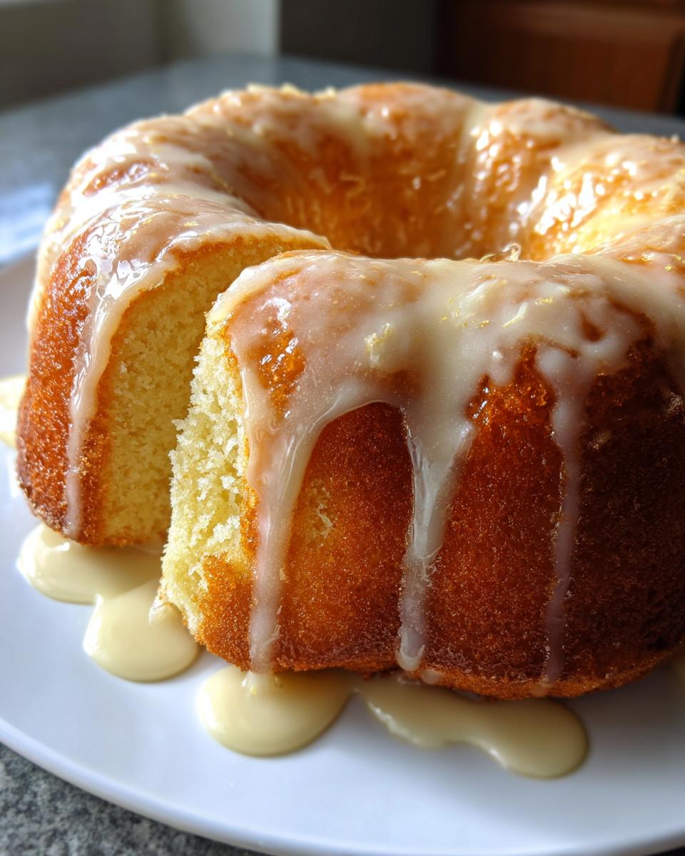 A golden Bacardi rum cake drizzled heavily with a thick, white glaze, sitting on a white plate.