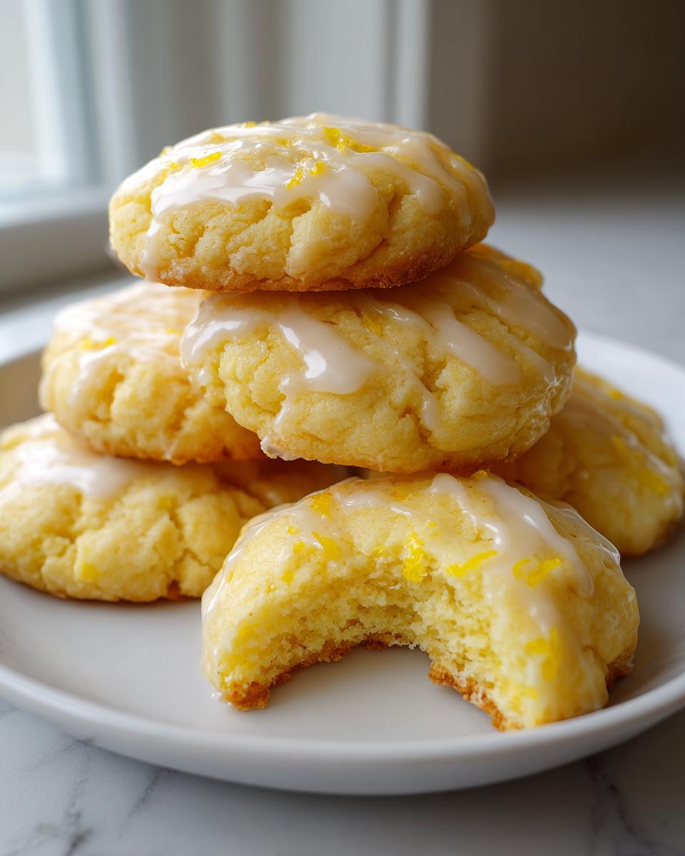 A stack of soft, glazed lemon ricotta cookies topped with zest, one cookie having a bite taken out.