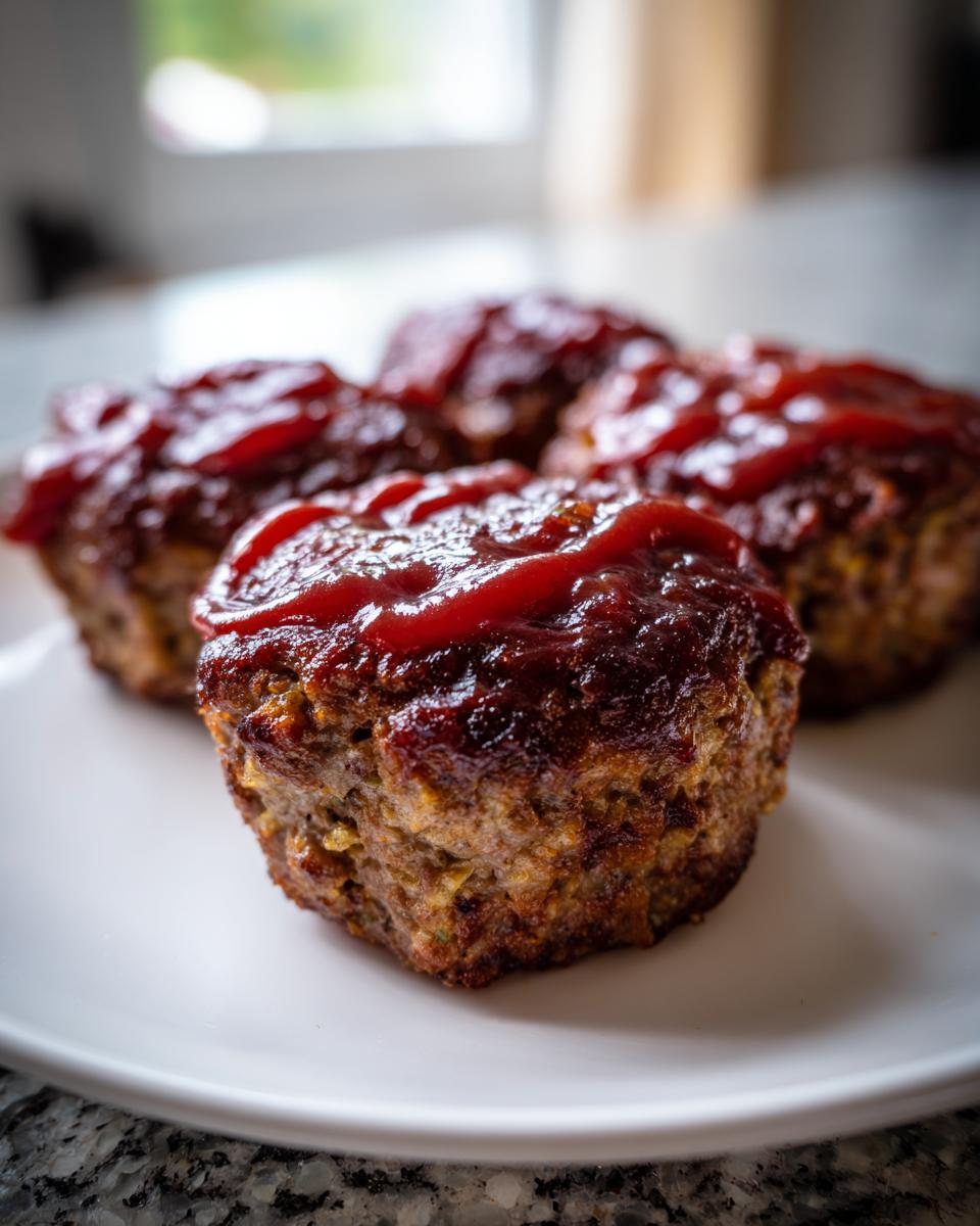 Four perfectly baked mini meatloaf portions topped with a rich, glossy ketchup glaze, served on a white plate.